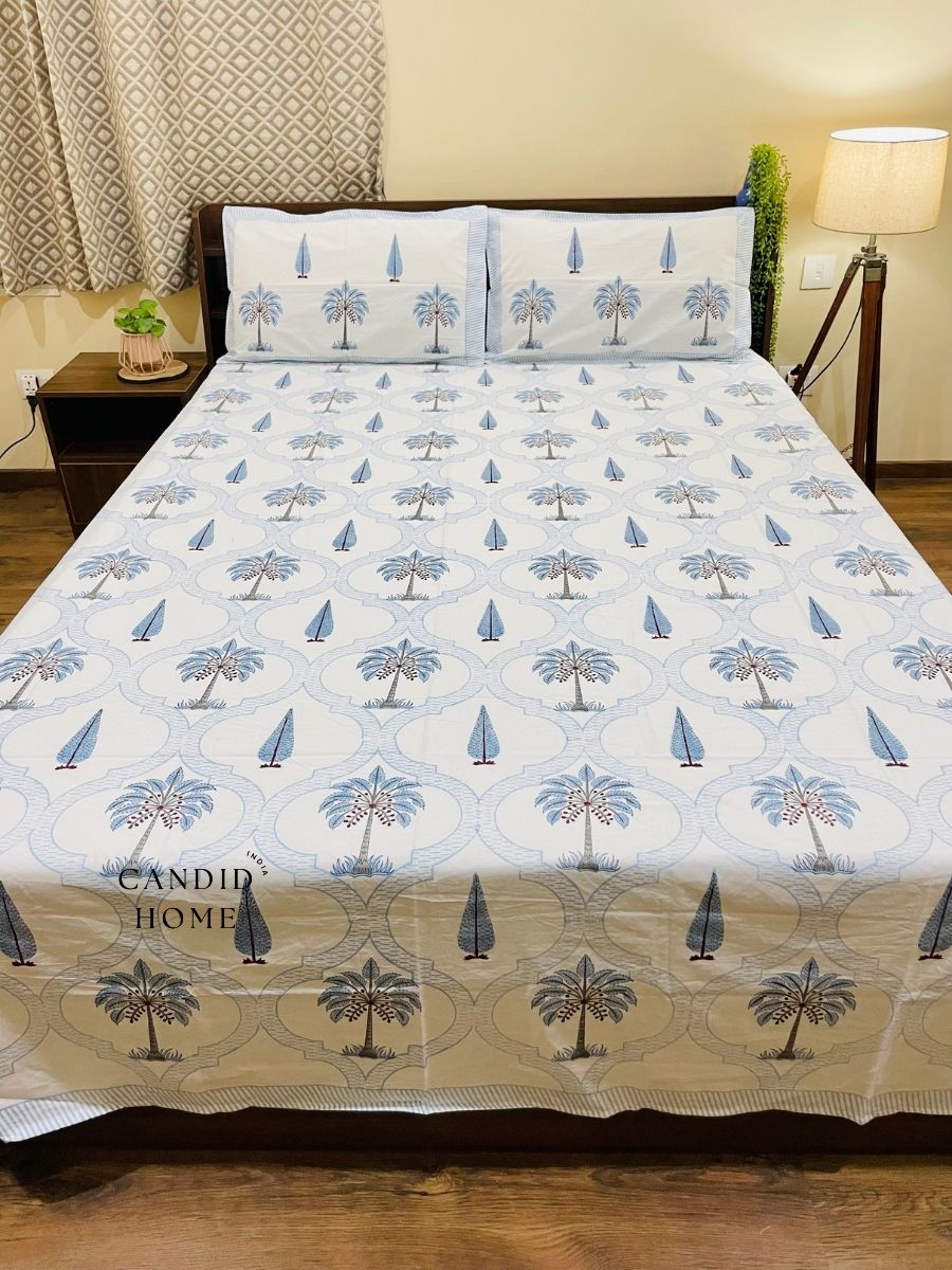 Palm & Cypress Blue 400TC 100% Cotton Bedsheet Set