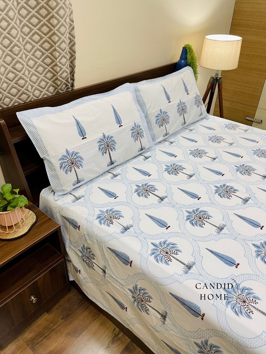 Palm & Cypress Blue 400TC 100% Cotton Bedsheet Set