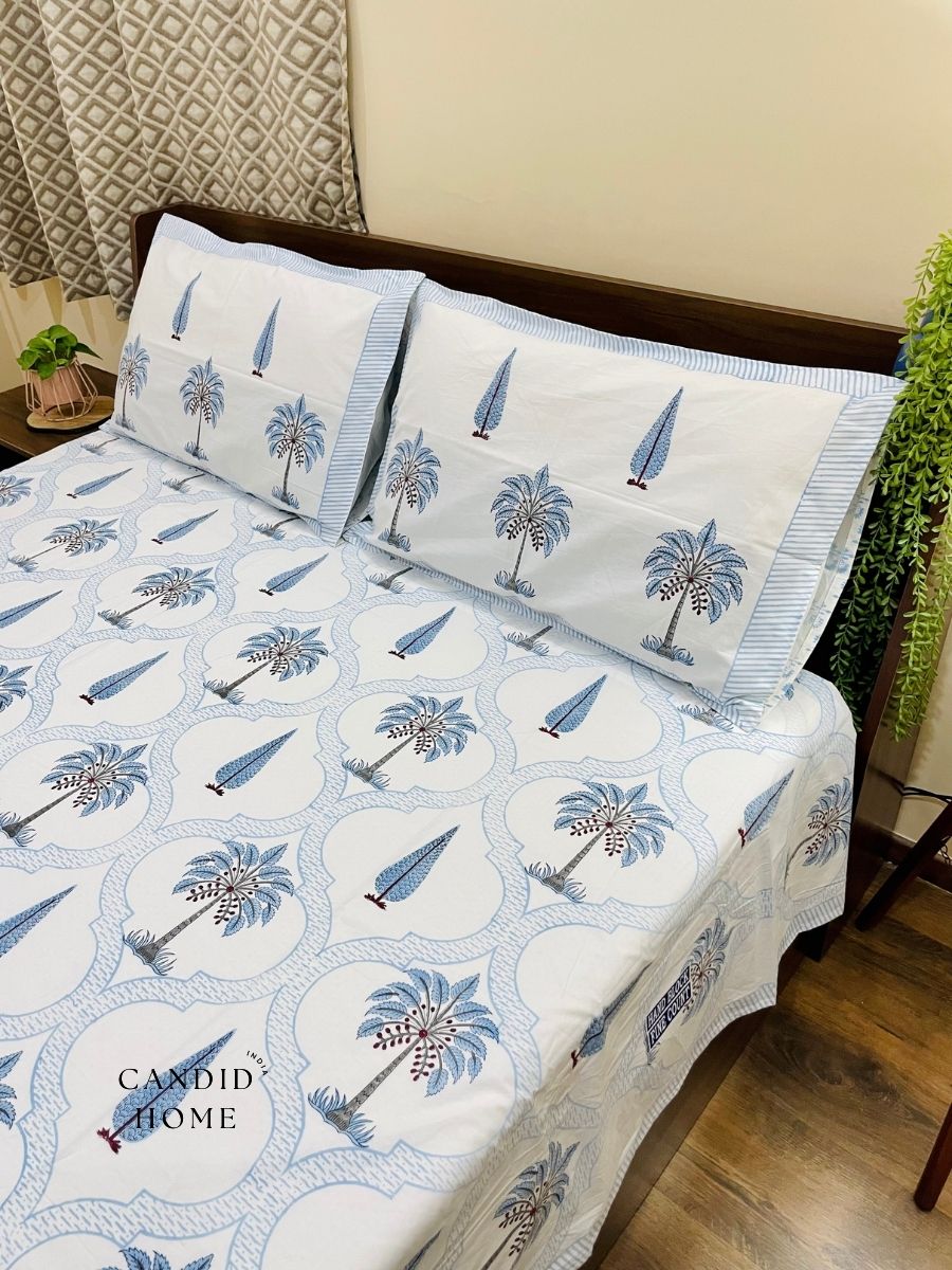 Palm & Cypress Blue 400TC 100% Cotton Bedsheet Set