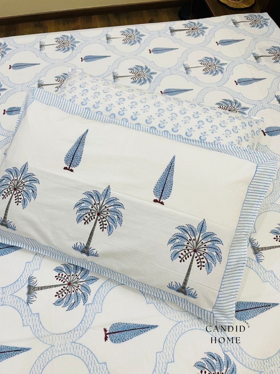 Palm & Cypress Blue 400TC 100% Cotton Bedsheet Set