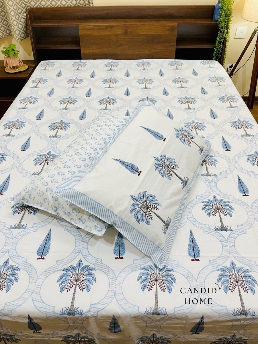 Palm & Cypress Blue 400TC 100% Cotton Bedsheet Set