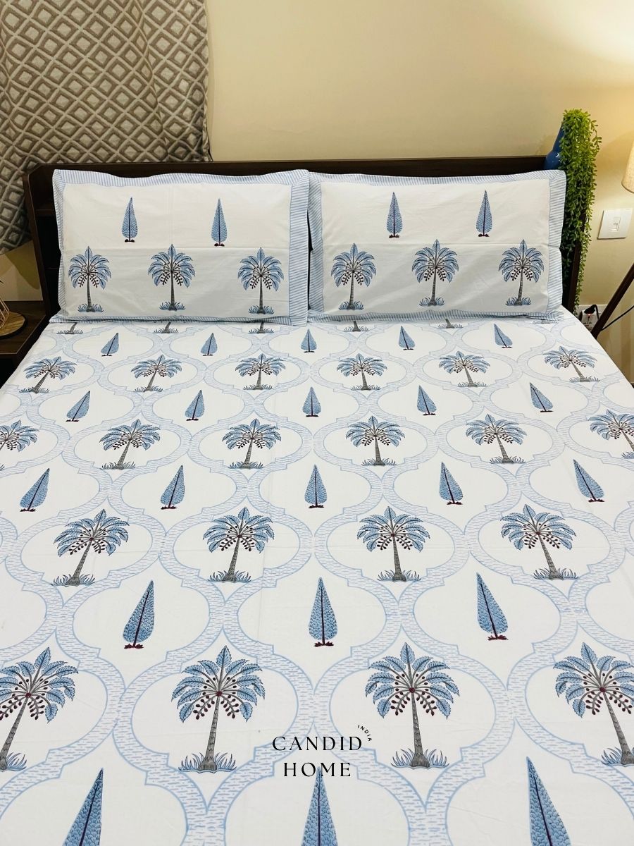 Palm & Cypress Blue 400TC 100% Cotton Bedsheet Set