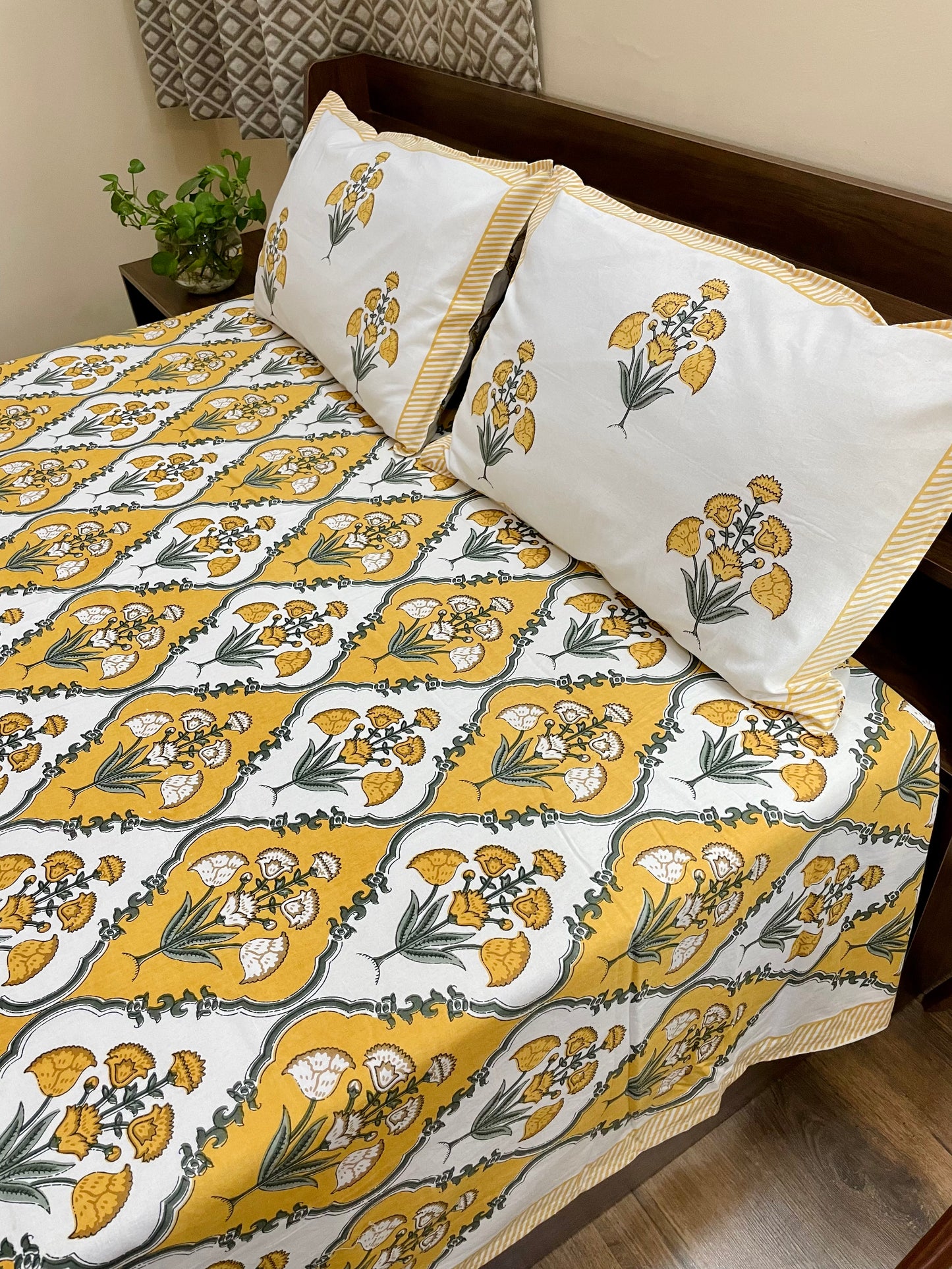 Mustard Mughal Jaal Colorful Floral Collection Bedsheet